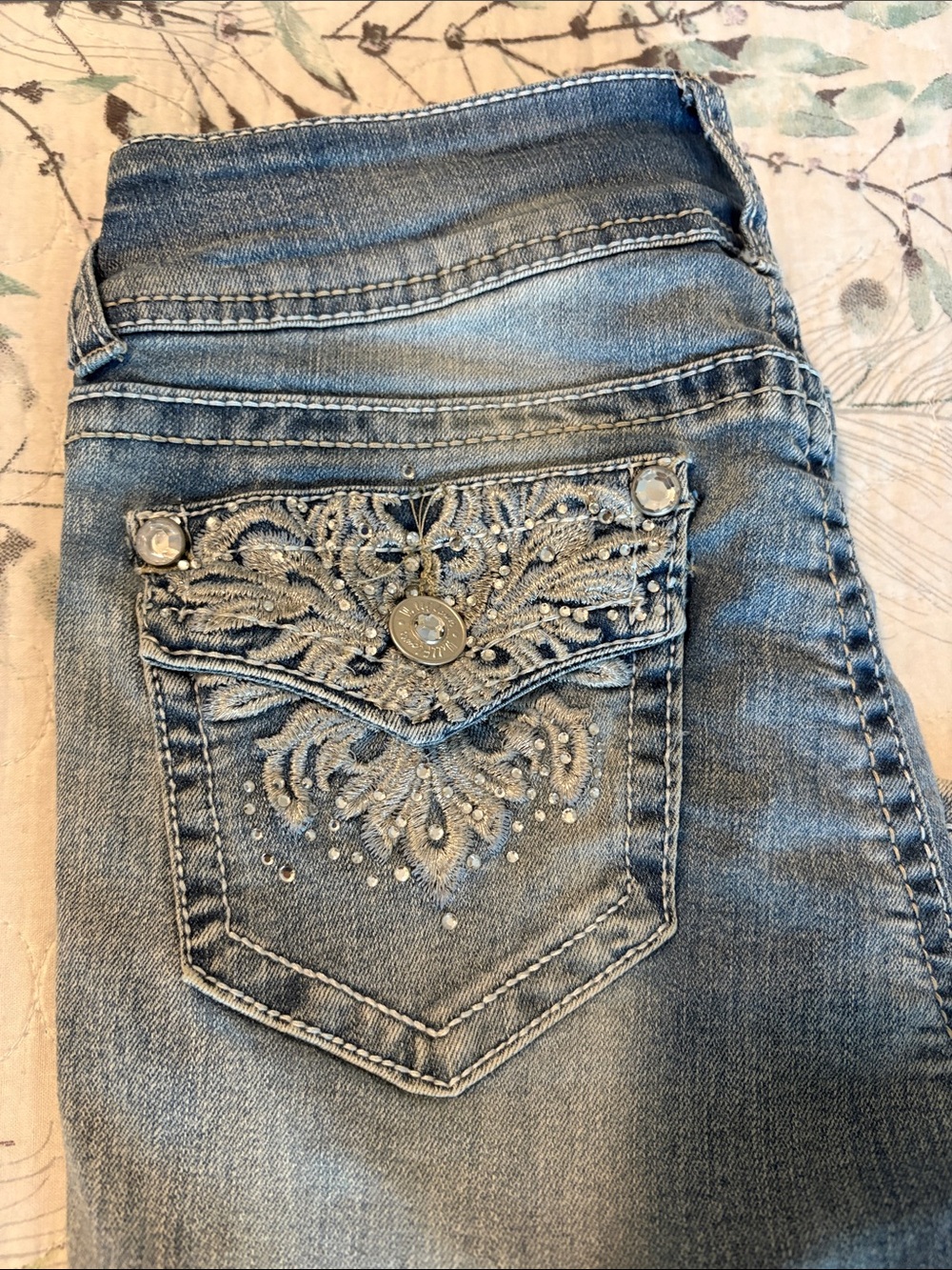 Wallflower Light Blue Embroidered & Embellished Back-Pocket Bootcut Jeans